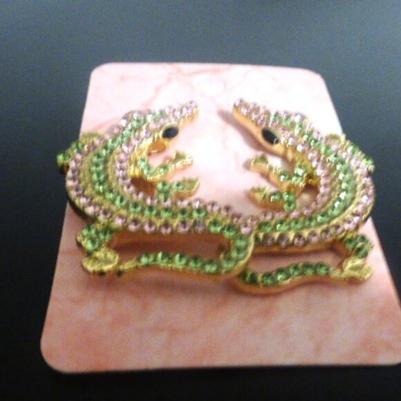 Vintage 1 of A Kind CROCODILE NECKLACE & EARRINGS Rhinestones Statement Jewelry - Picture 10 of 14